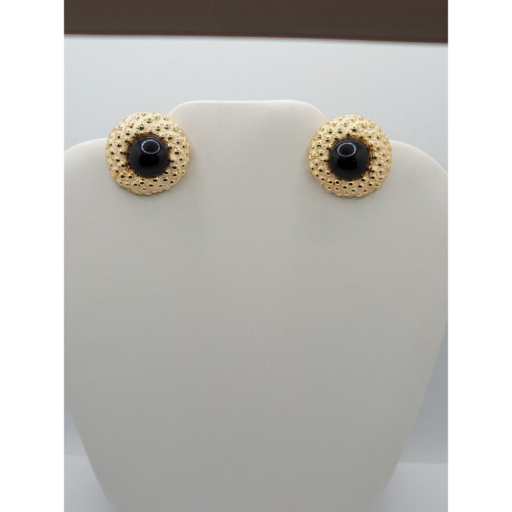 Vintage Craft Black Cabochon Gold Tone Side Bar Clip Earrings